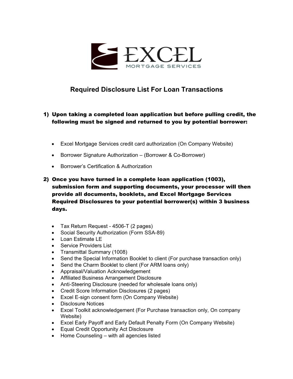 Required Disclosure List for Loan Transactions