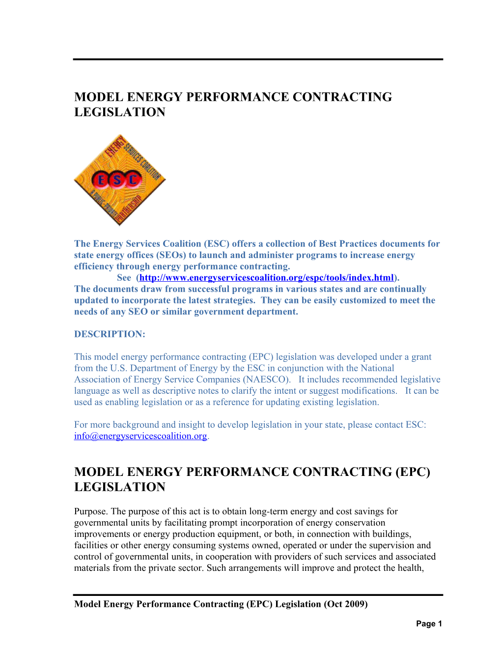 Model Energy Performance Contracting Legislation