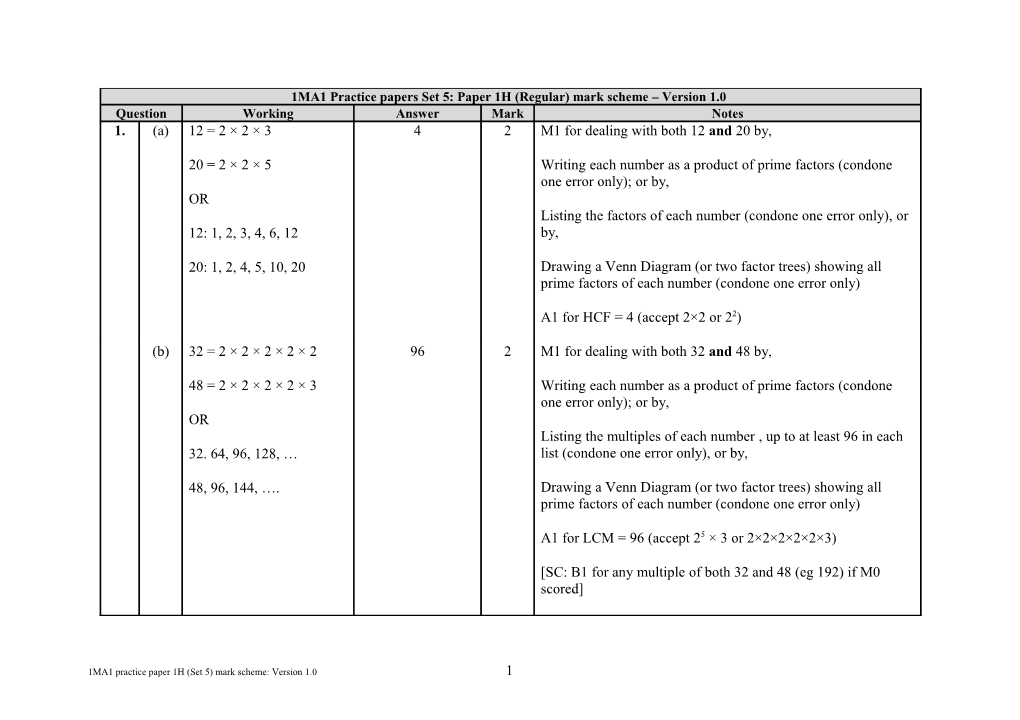 1MA1 Practice Papers Set 4: Paper 1F (Regular) Mark Scheme Version 1 s1