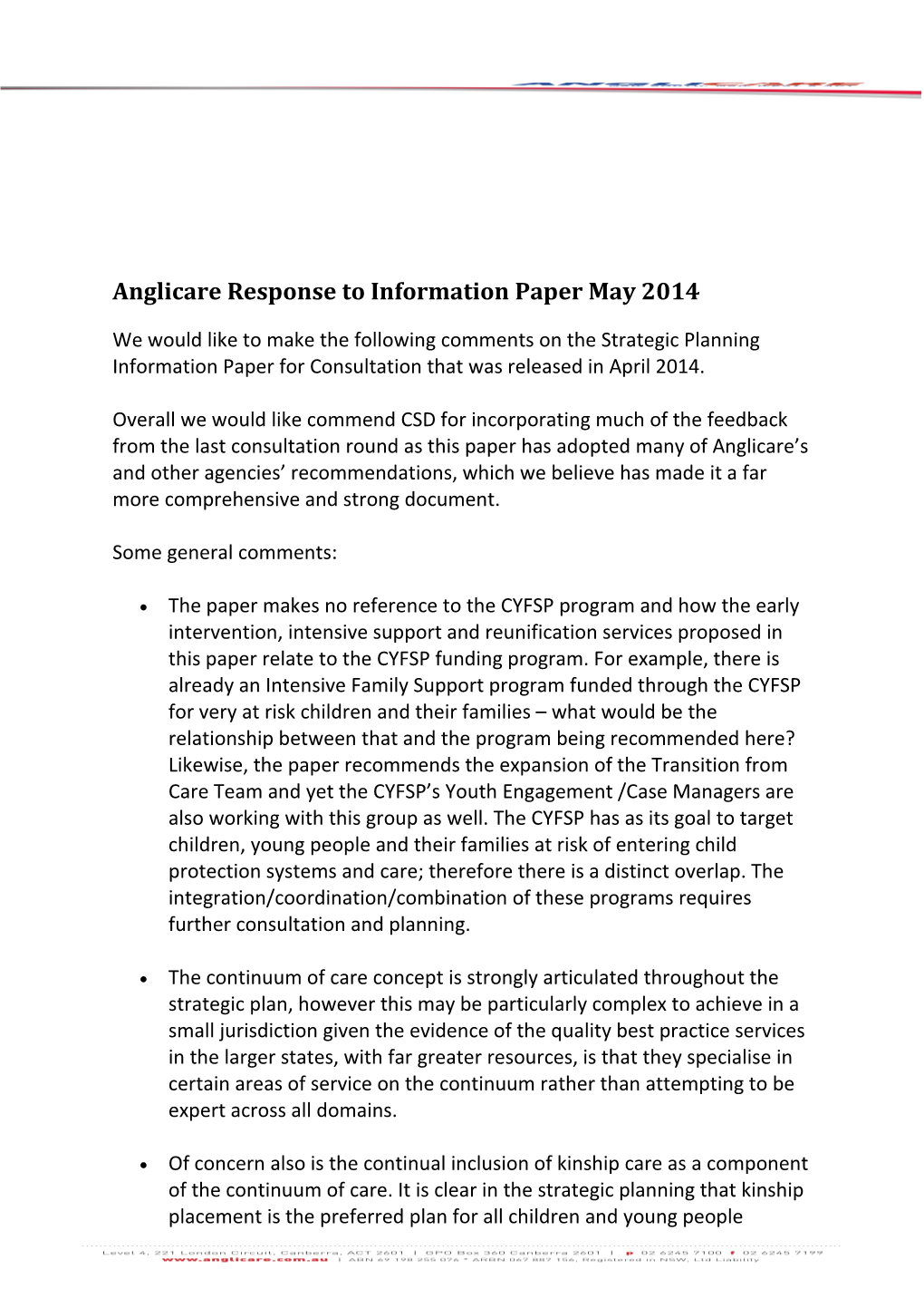 Anglicare Response to Information Paper May 2014