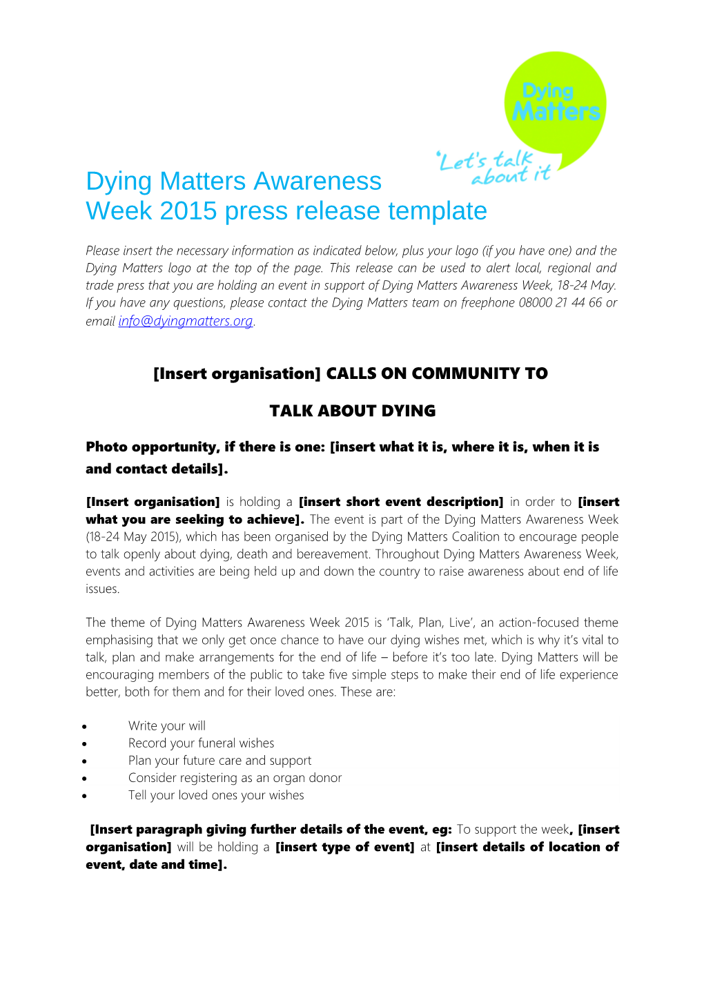 Dying Matters Awareness Week 2015 Press Release Template