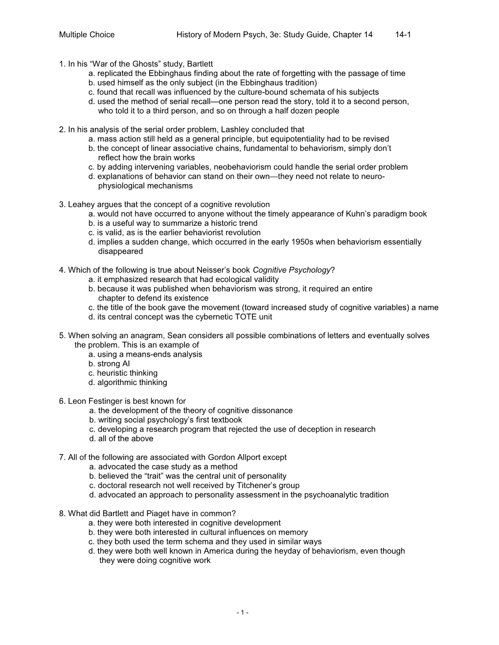 Multiple Choice History of Modern Psych, 3E: Study Guide, Chapter 14 14-2