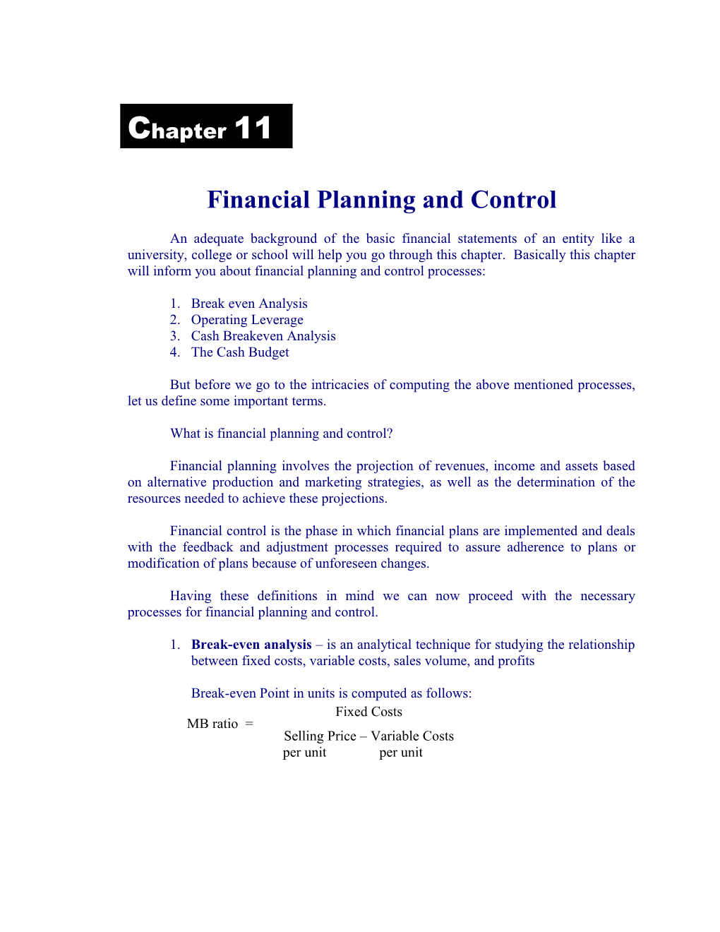 Financial Planning and Control