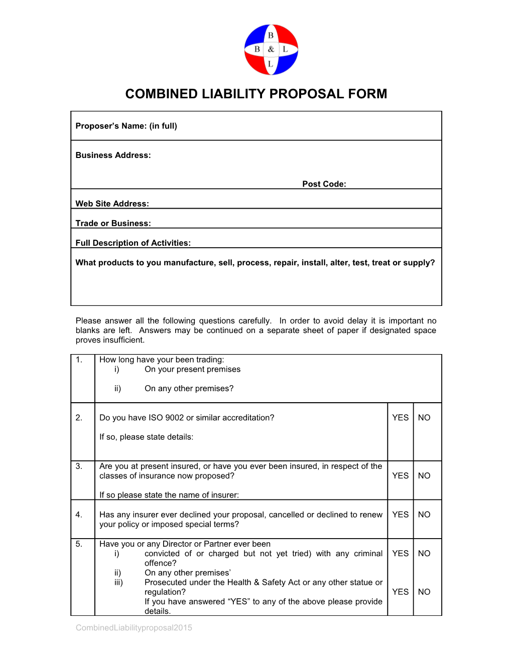 Combined Liability Proposal Form
