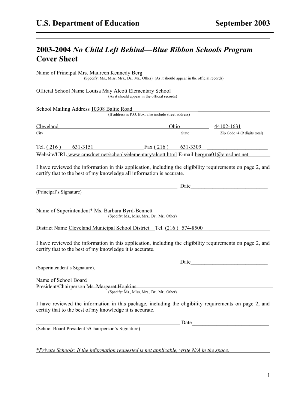 Louisa May Alcott Elementary School 2004 No Child Left Behind-Blue Ribbon School Application