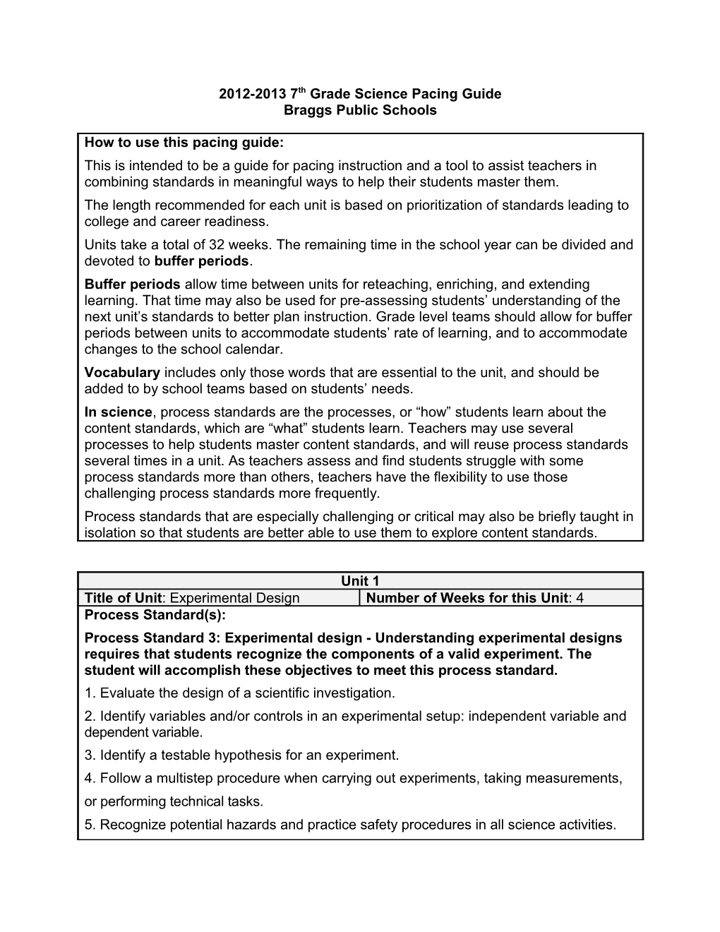 2012-2013 7Th Grade Science Pacing Guide