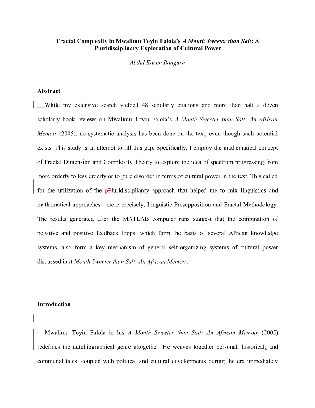 Fractal Complexity in Mwalimu Toyin Falola S a Mouth Sweeter Than Salt: a Pluridisciplinary