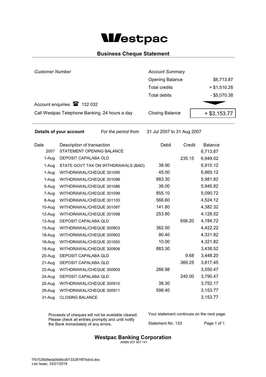 Business Cheque Statement