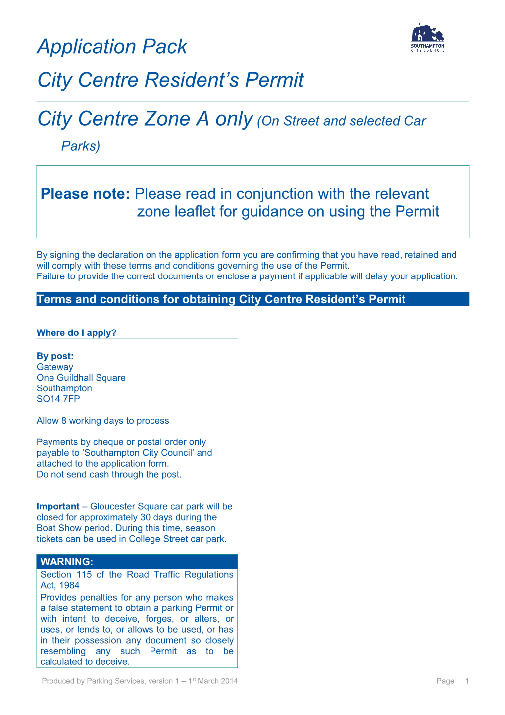 Zone a City Centre Parking Permit Application for Residents