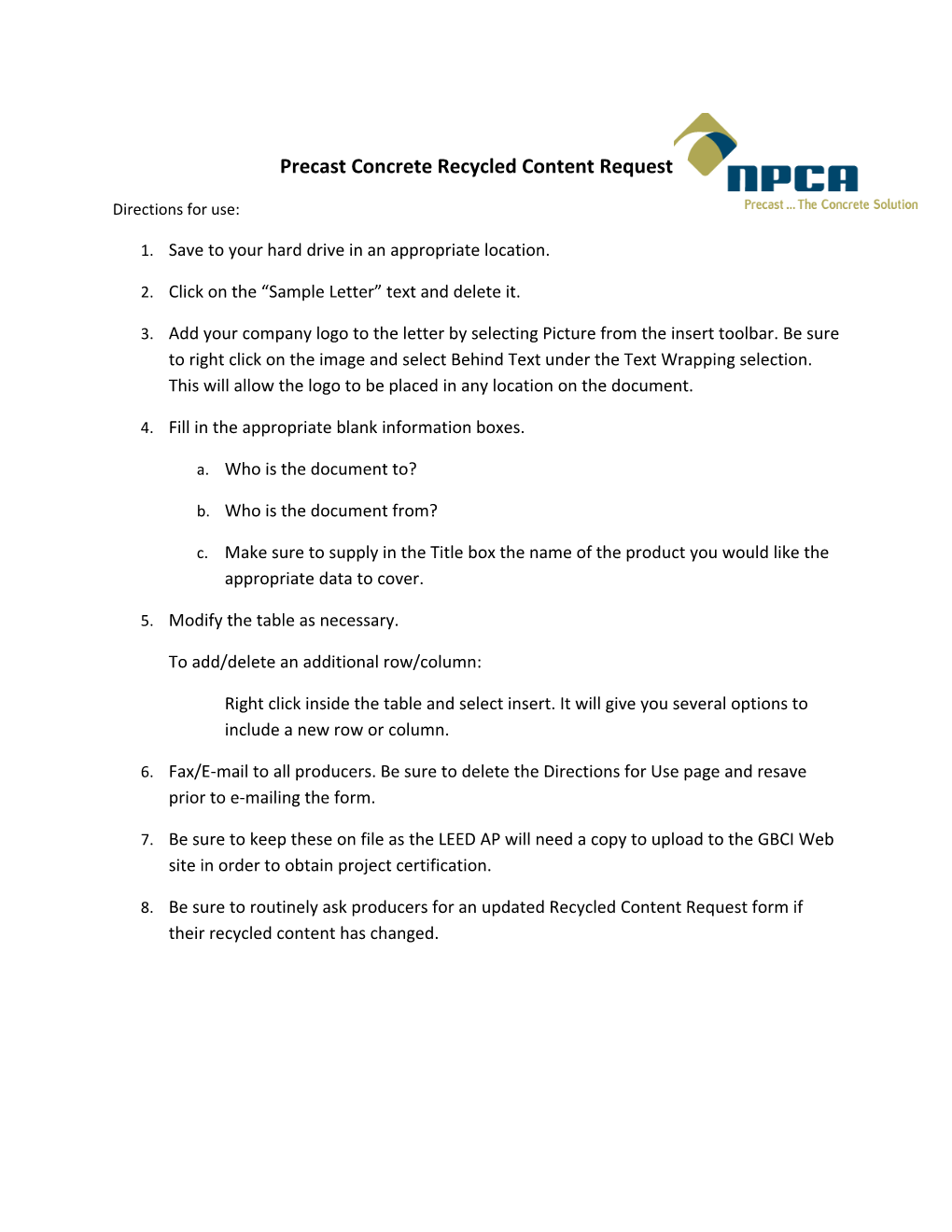 Precast Concrete Recycled Content Request s1