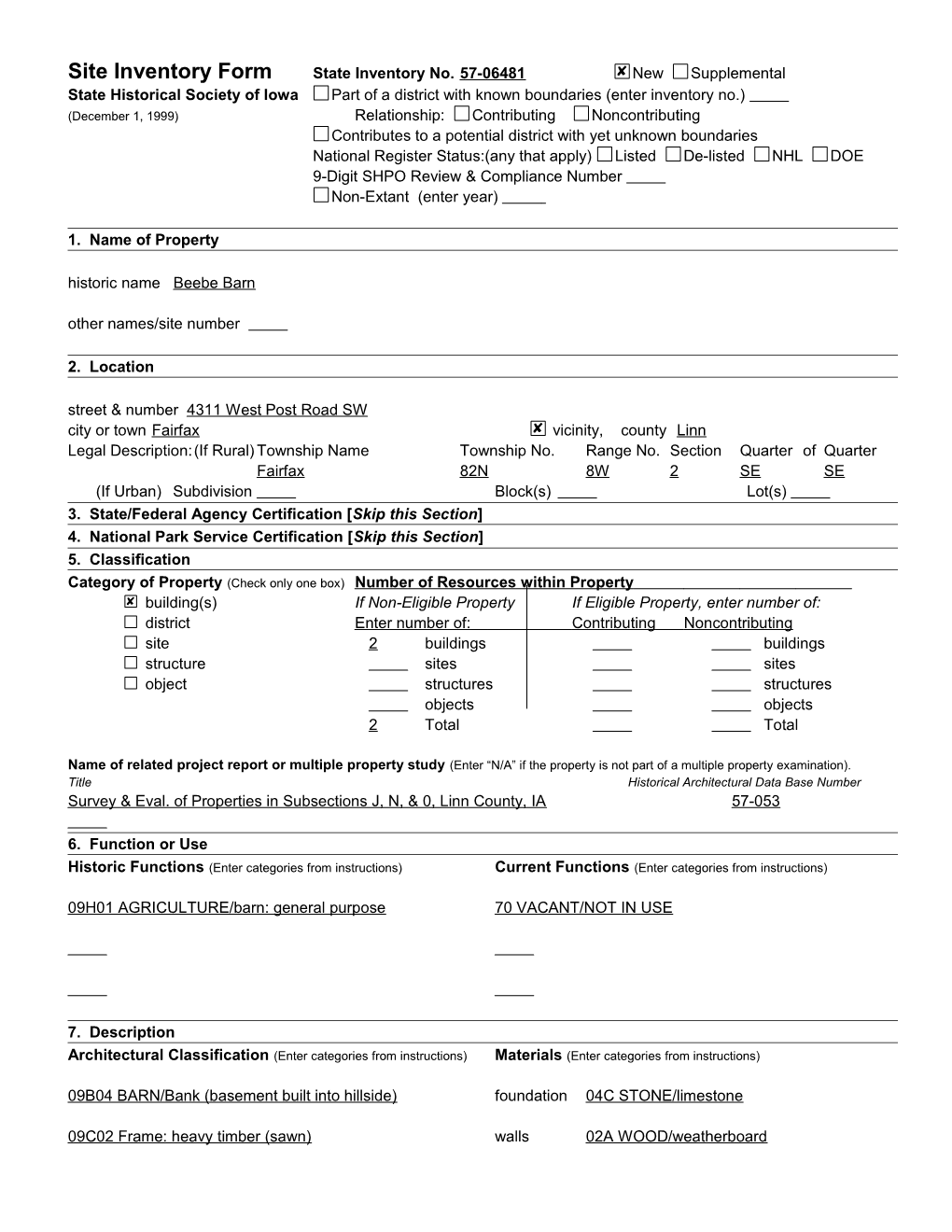 Site Inventory Form	State Inventory No s1