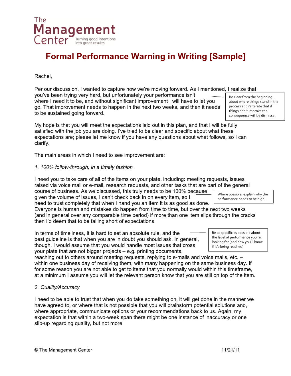 Formal Performance Warning in Writing Sample