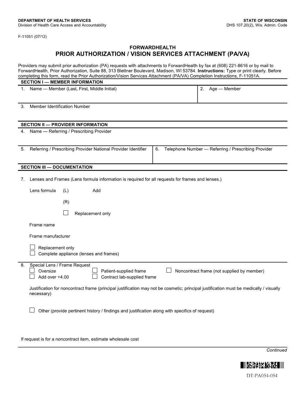 Forwardhealth Prior Authorization / Vision Services Attachment (PA / VA)