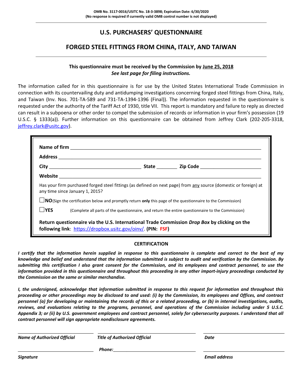 OMB No. 3117-0016/USITC No. 18-3-3898; Expiration Date: 6/30/2020