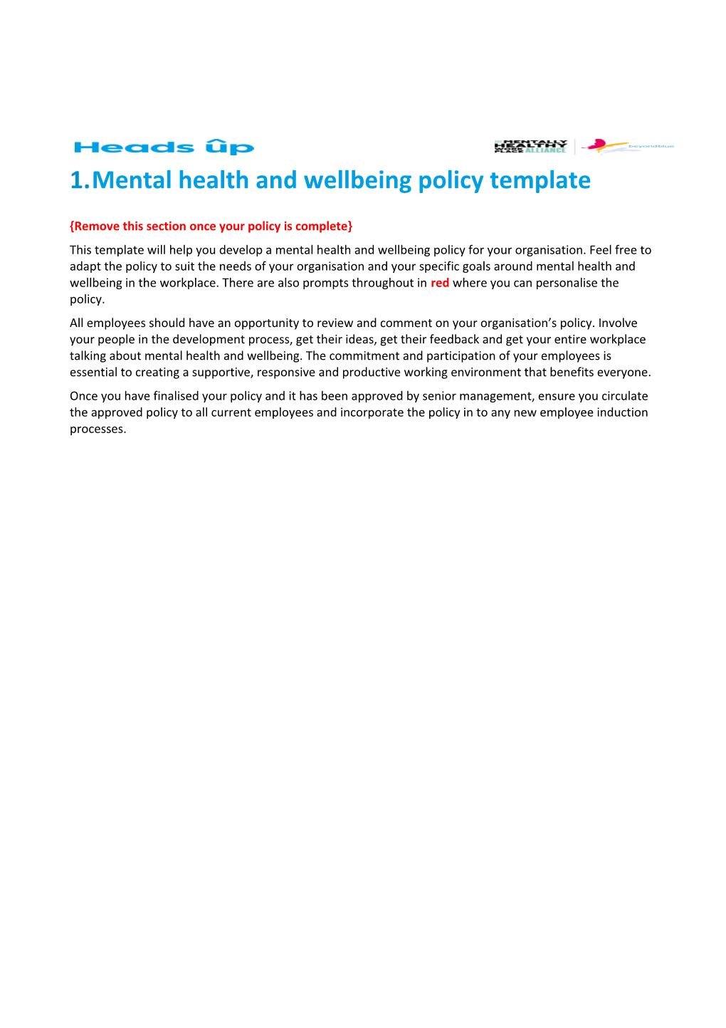 Mental Health and Wellbeing Policy Template