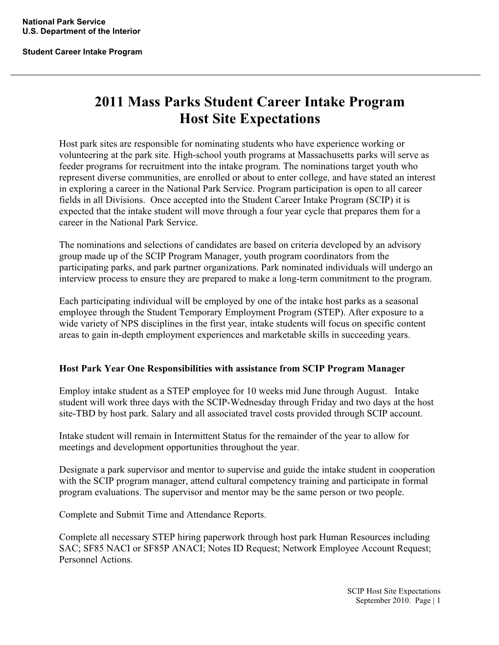 2011 Mass Parks Student Career Intake Program