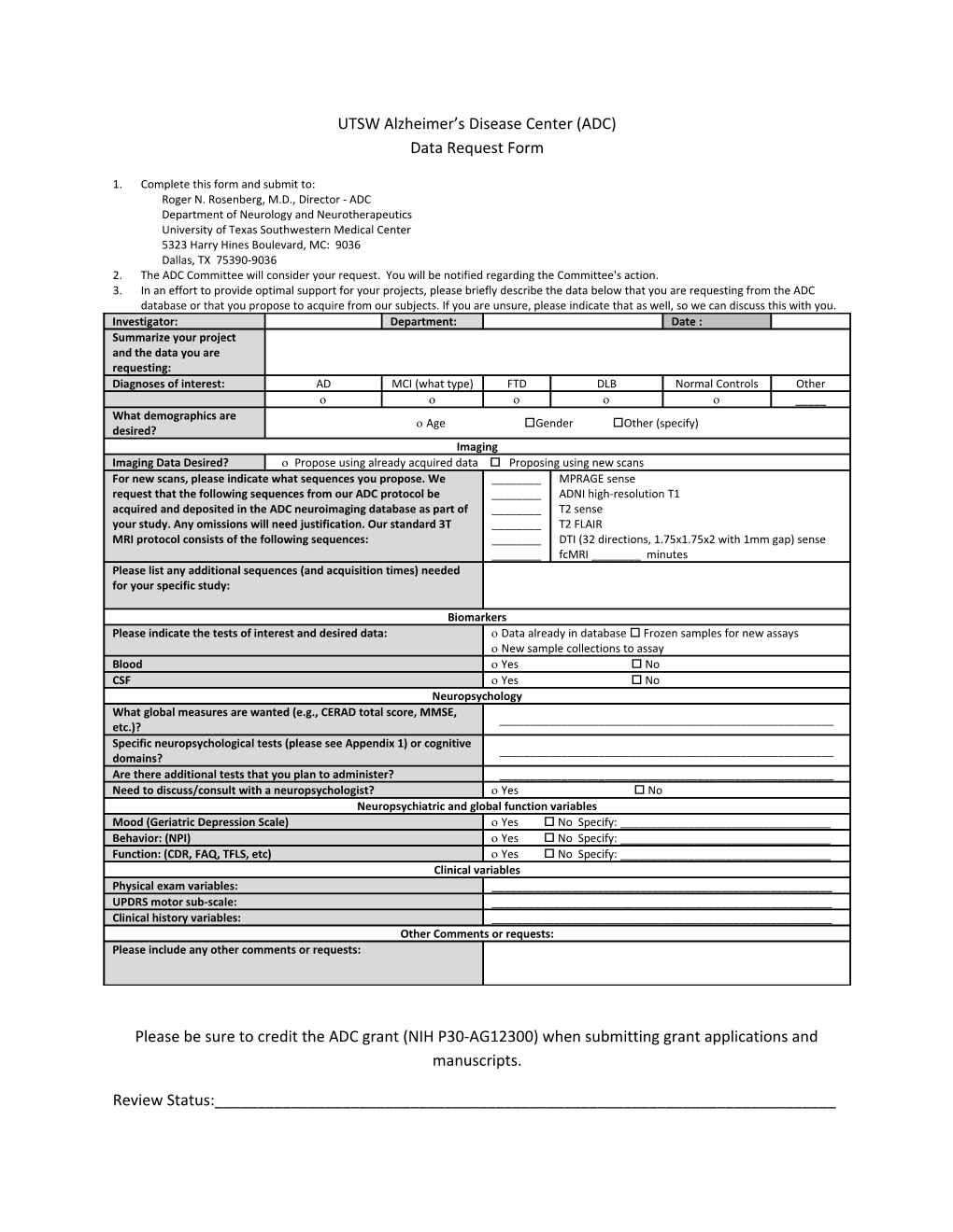 UTSW Alzheimer S Disease Center (ADC) Data Request Form