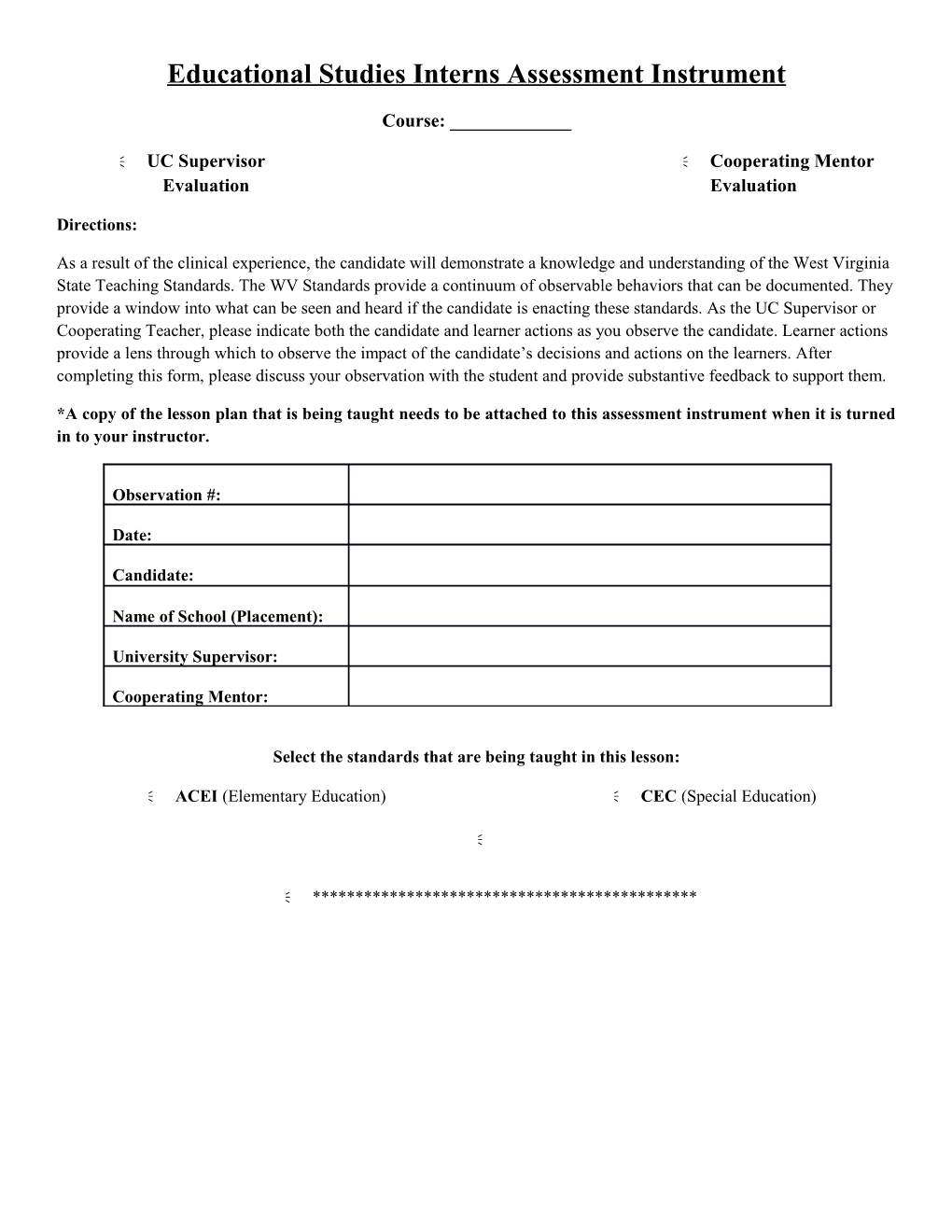 Educational Studies Interns Assessment Instrument