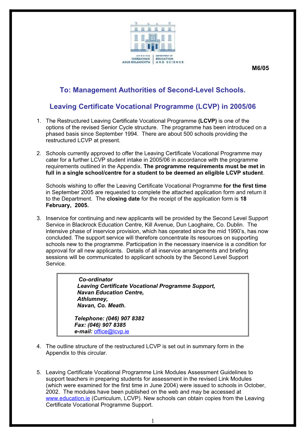 Circular M06/05 - Leaving Certificate Vocational Programme for 2005/2006 (File Format Word 72KB)