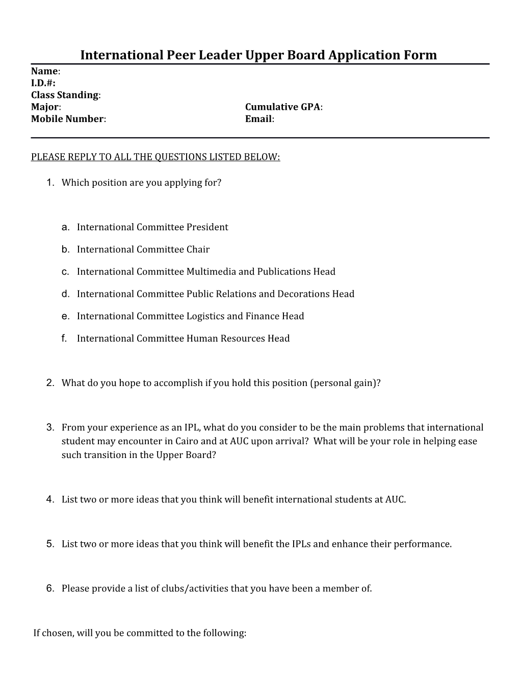 International Peer Leader Upper Board Application Form