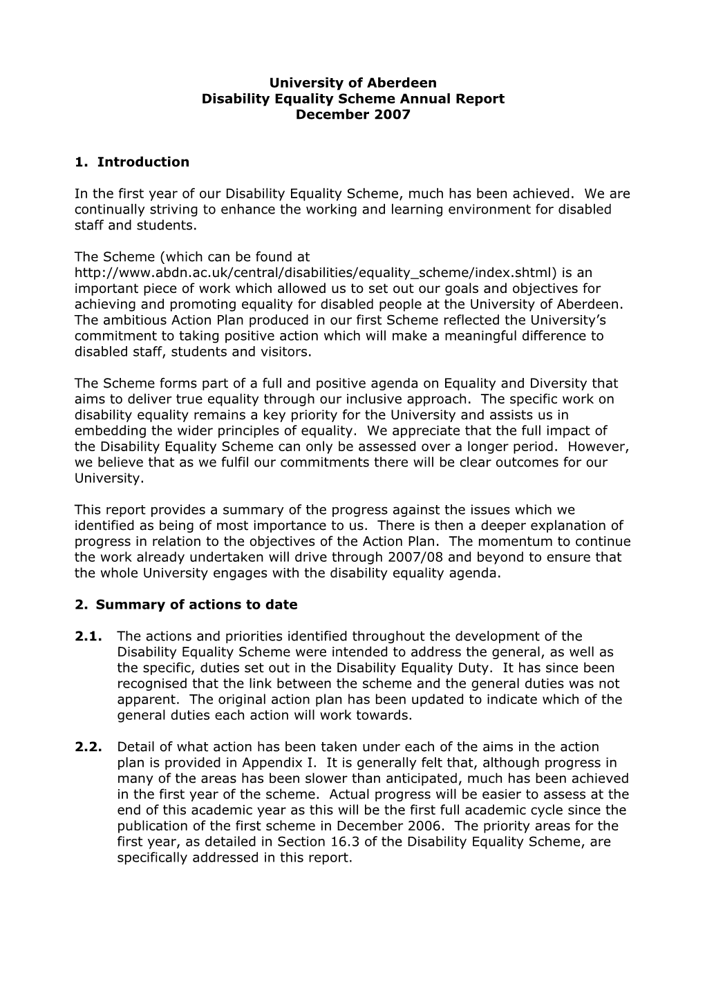 Disability Equality Scheme Annual Report December 2007