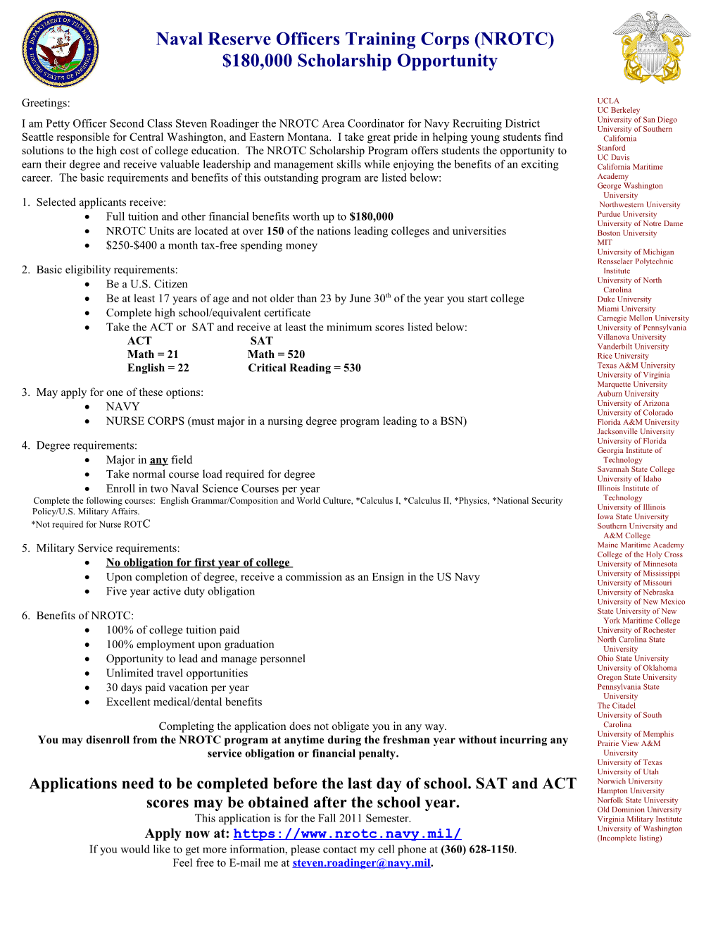 Naval Reserve Officers Training Corps (NROTC) $180,000 Scholarship Opportunity