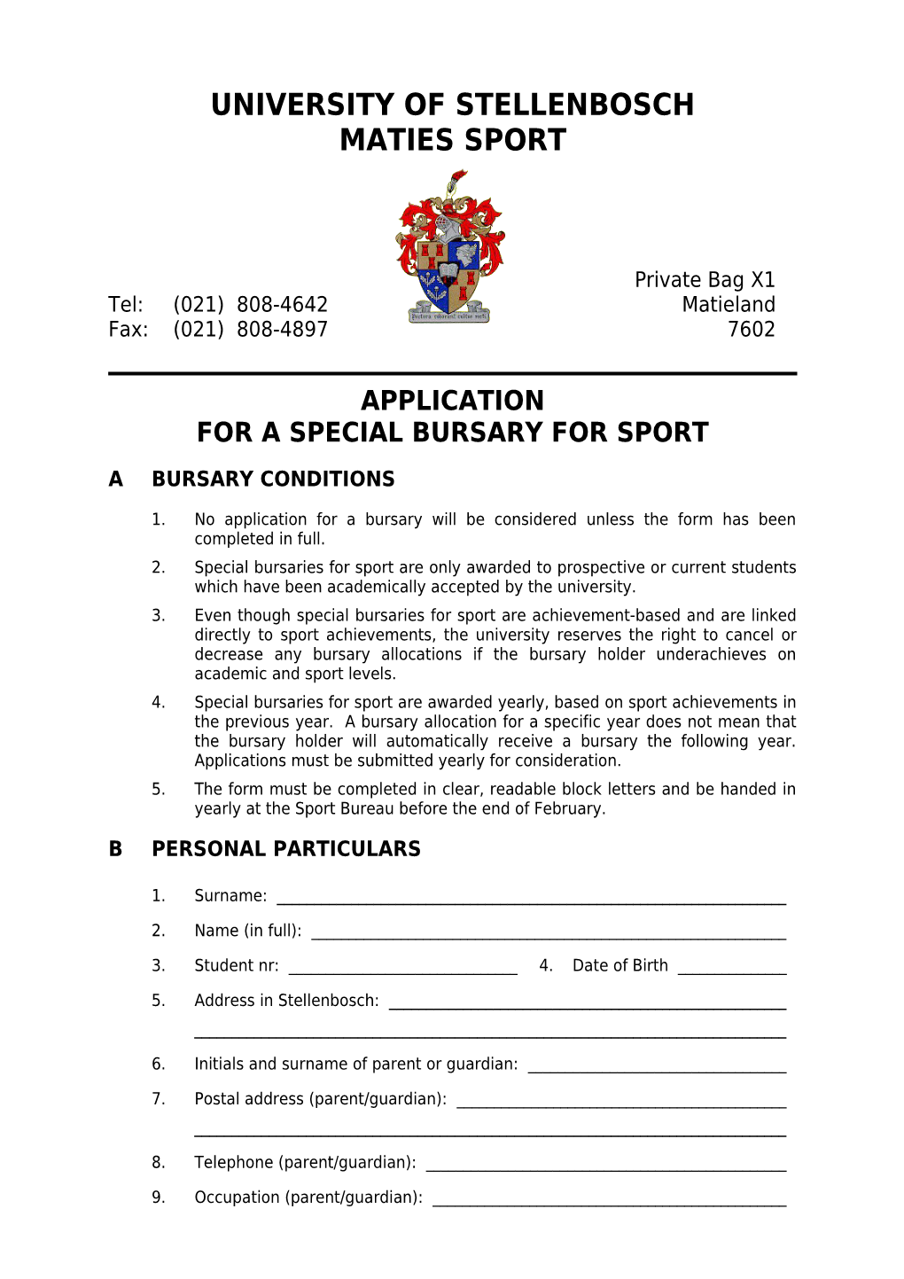 Application Form for a Sport Bursary