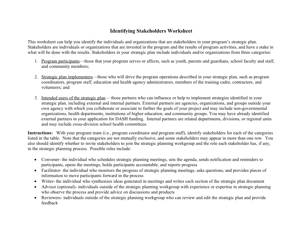 Identifying Stakeholders Worksheet