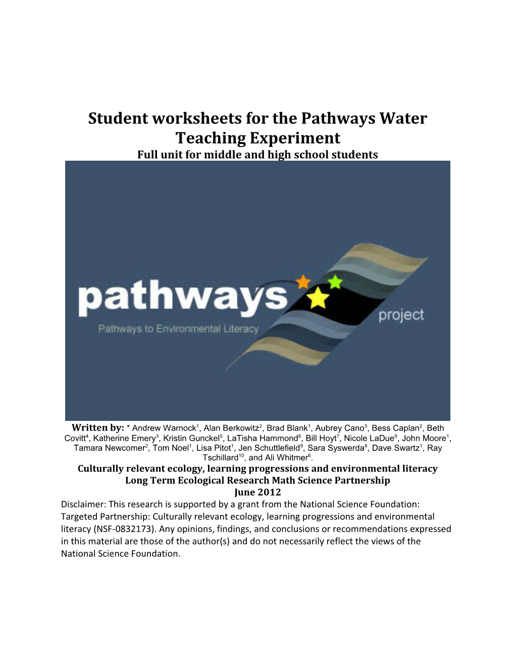 Student Worksheets for the Pathways Water Teaching Experiment