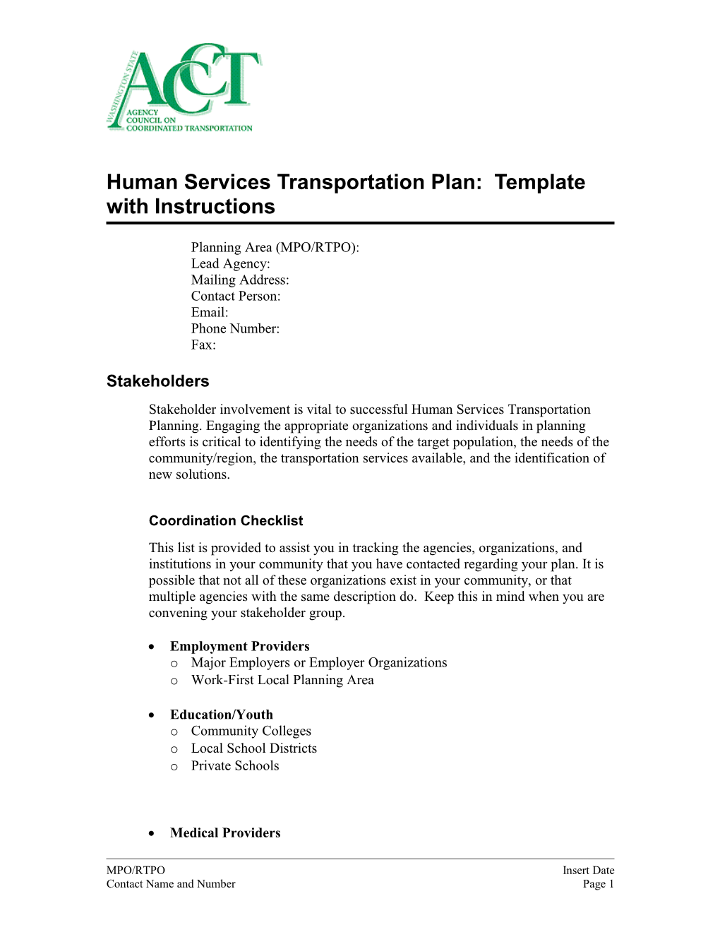 Human Services Transportation Plan: Template with Instructions