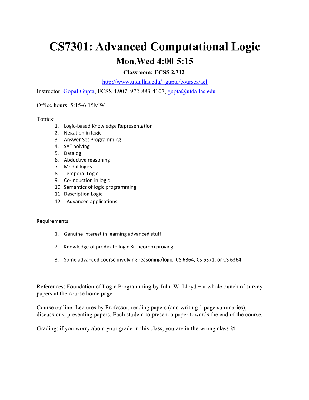 CS7301: Advanced Computational Logic