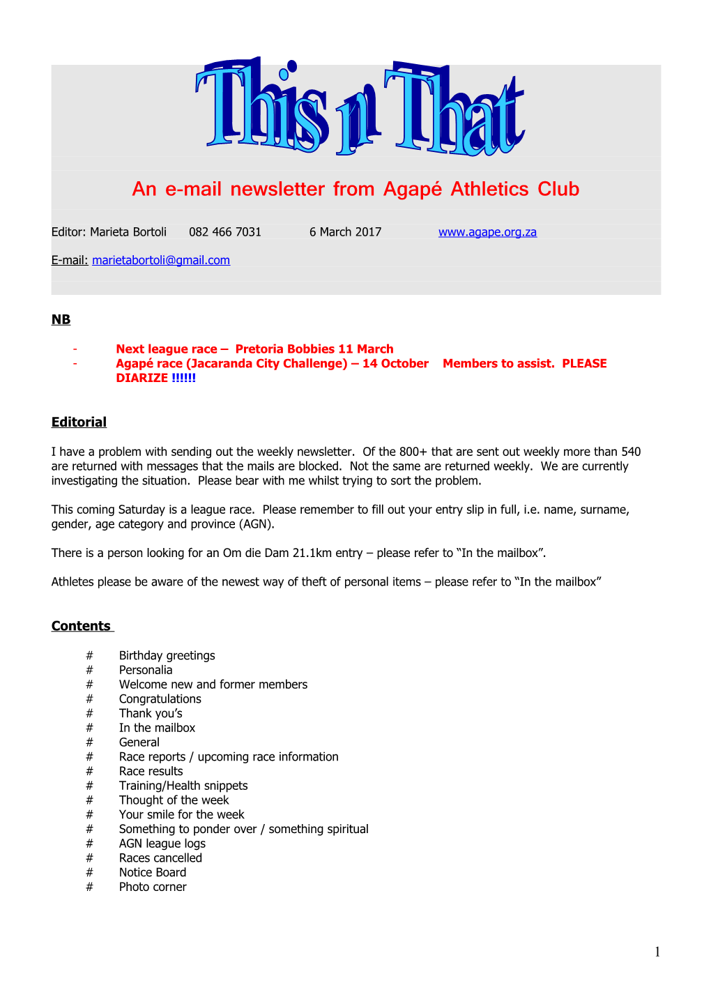 An E-Mail Newsletter from Agapé Athletics Club s2