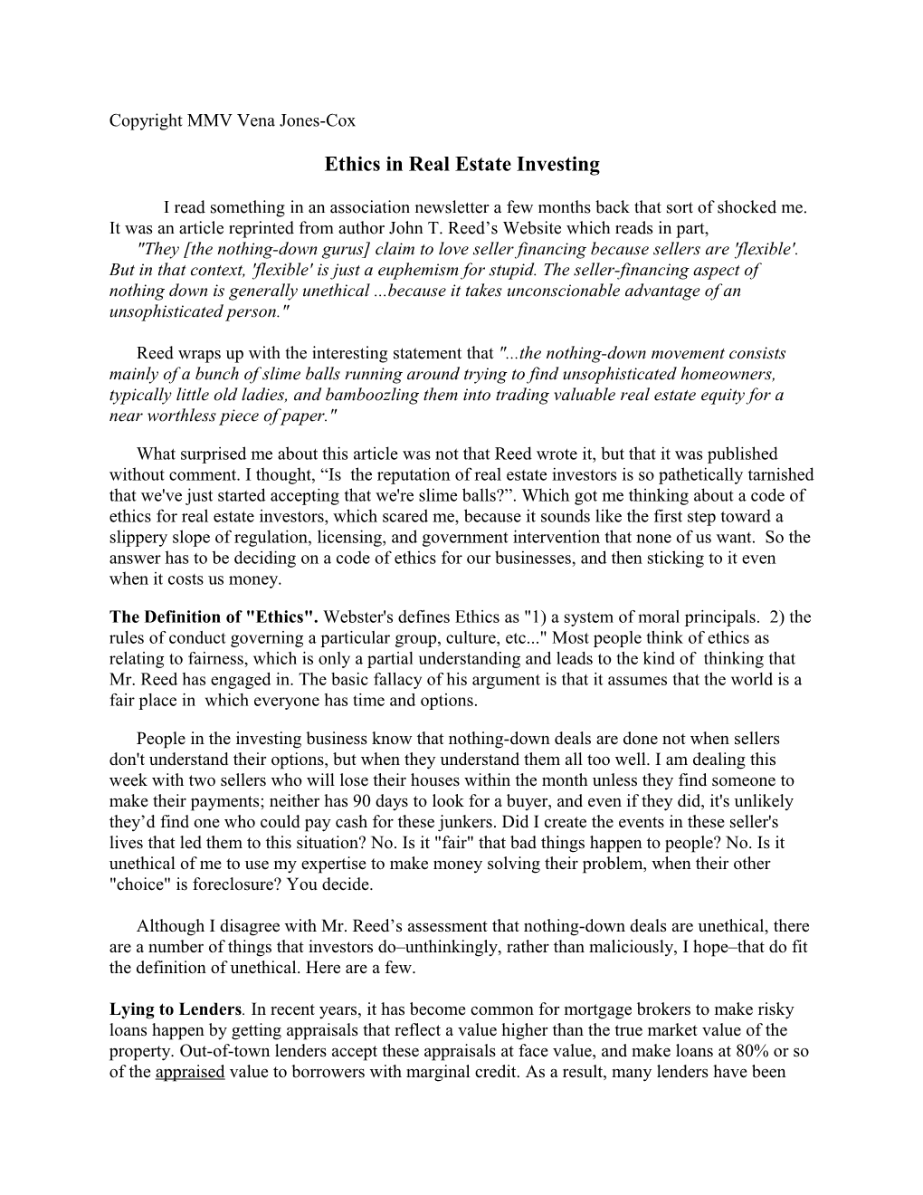Ethics in Real Estate Investing