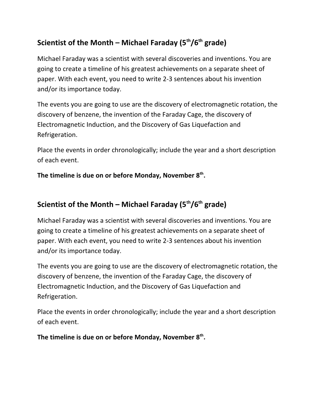 Scientist of the Month Michael Faraday (5Th/6Th Grade)