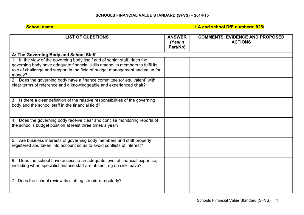 New Financial and Value for Money Standard First Draft