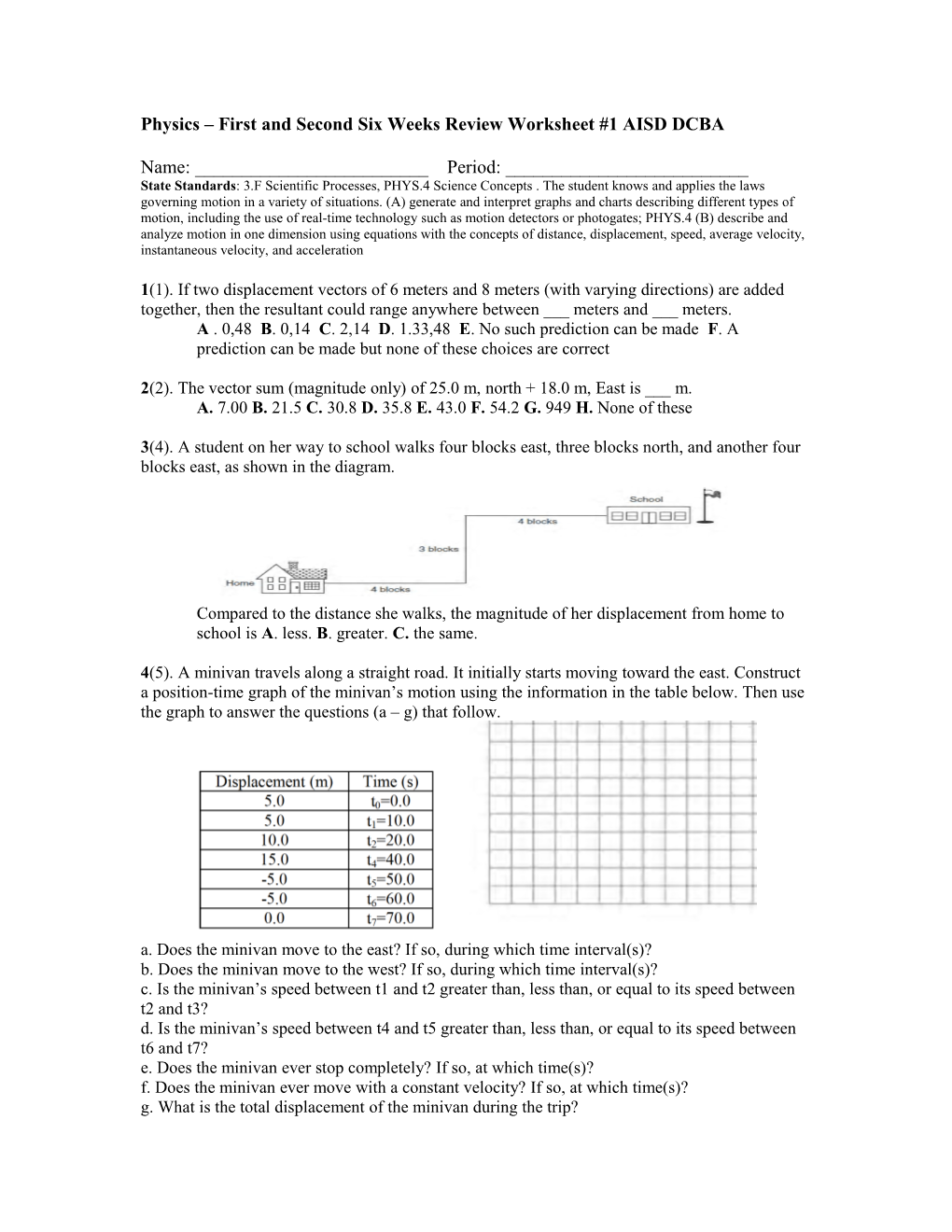 Physics First and Second Six Weeks Review Worksheet #1 AISD DCBA