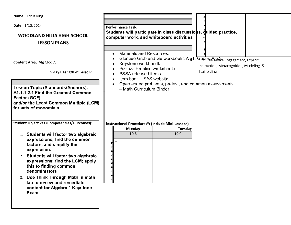 Content Area: Alg Mod A