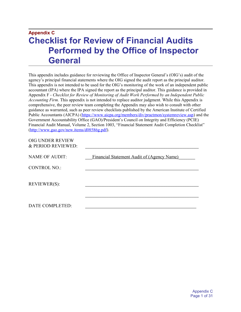 Checklist for Review of Financial Audits Performed by the Office of Inspector General