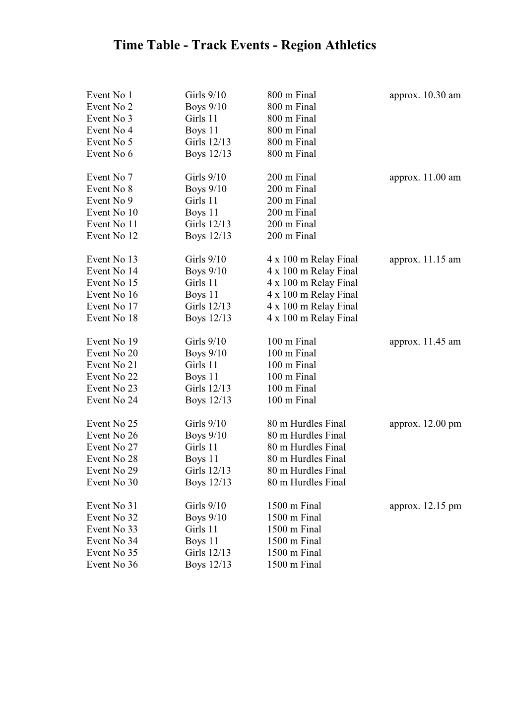 Time Table - Track Events - Region Athletics