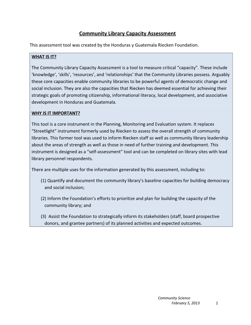 Community Library Capacity Assessment