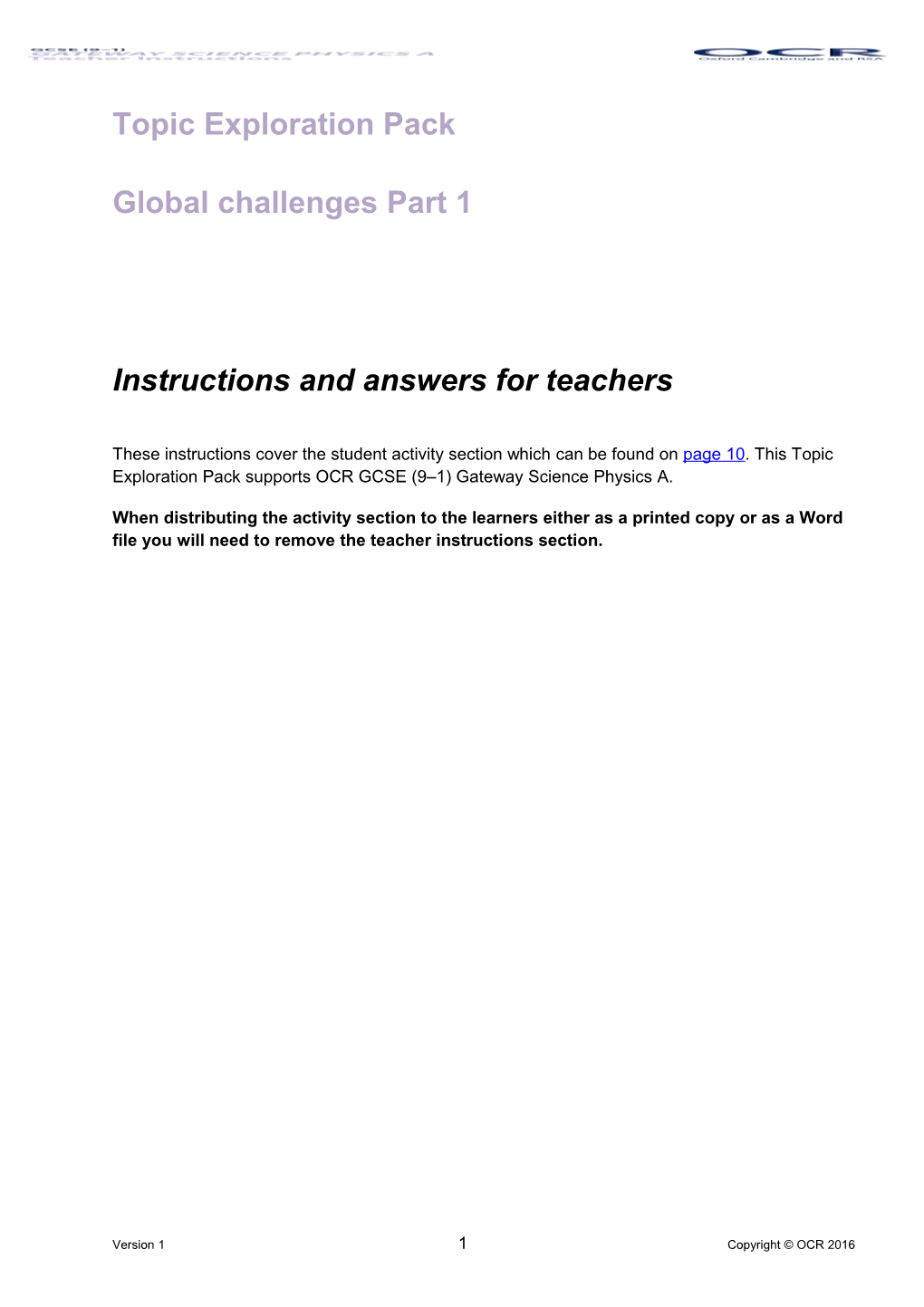 OCR GCSE (9-1) Physics a (Gateway Science)Topic Exploration Pack - Global Challenges Part 1