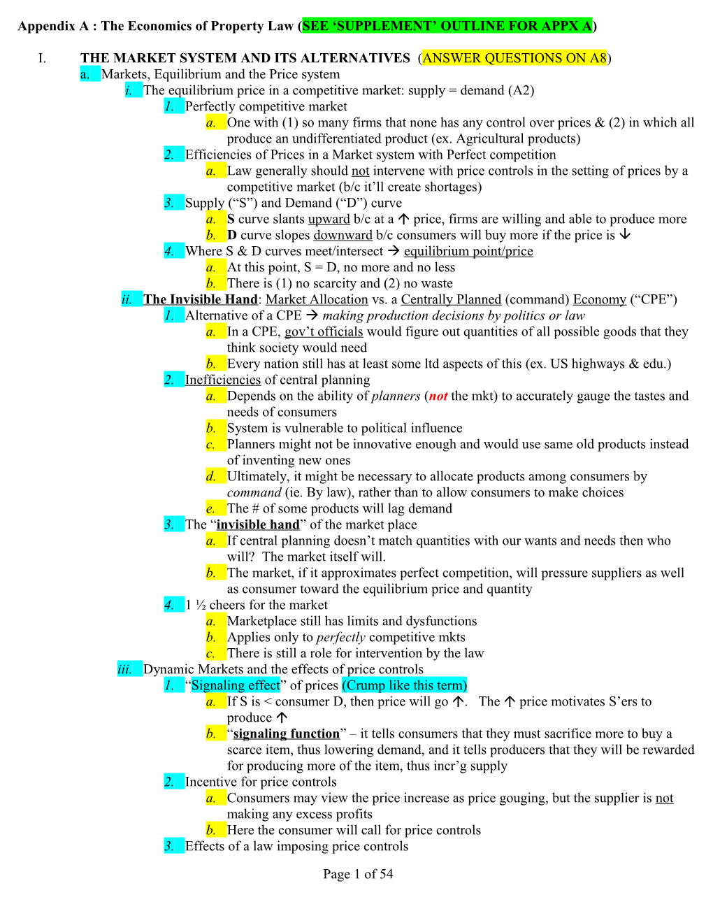 Appendix a : the Economics of Property Law (SEE SUPPLEMENT OUTLINE for APPX A)