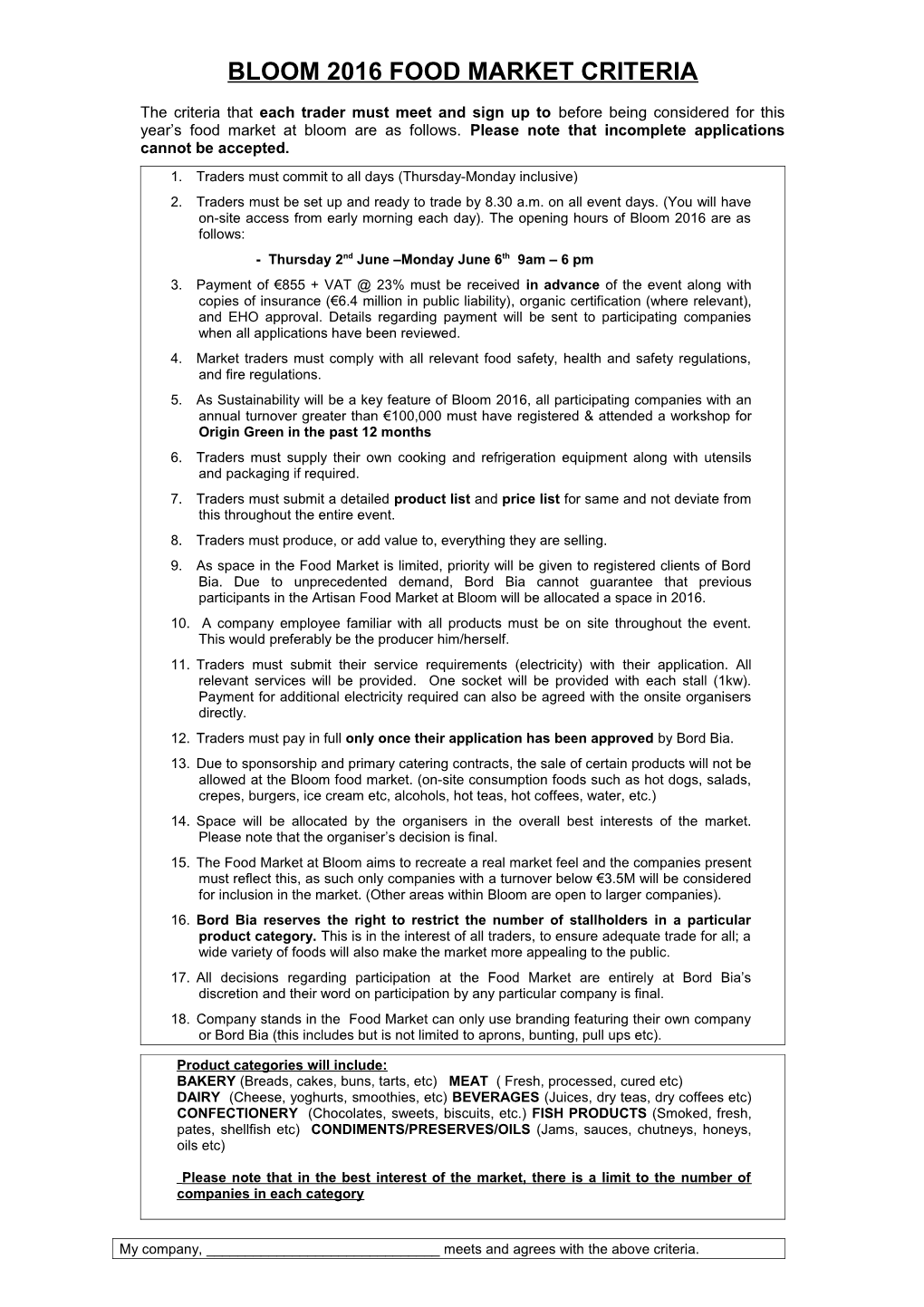 Bloom 2009 Food Market Criteria