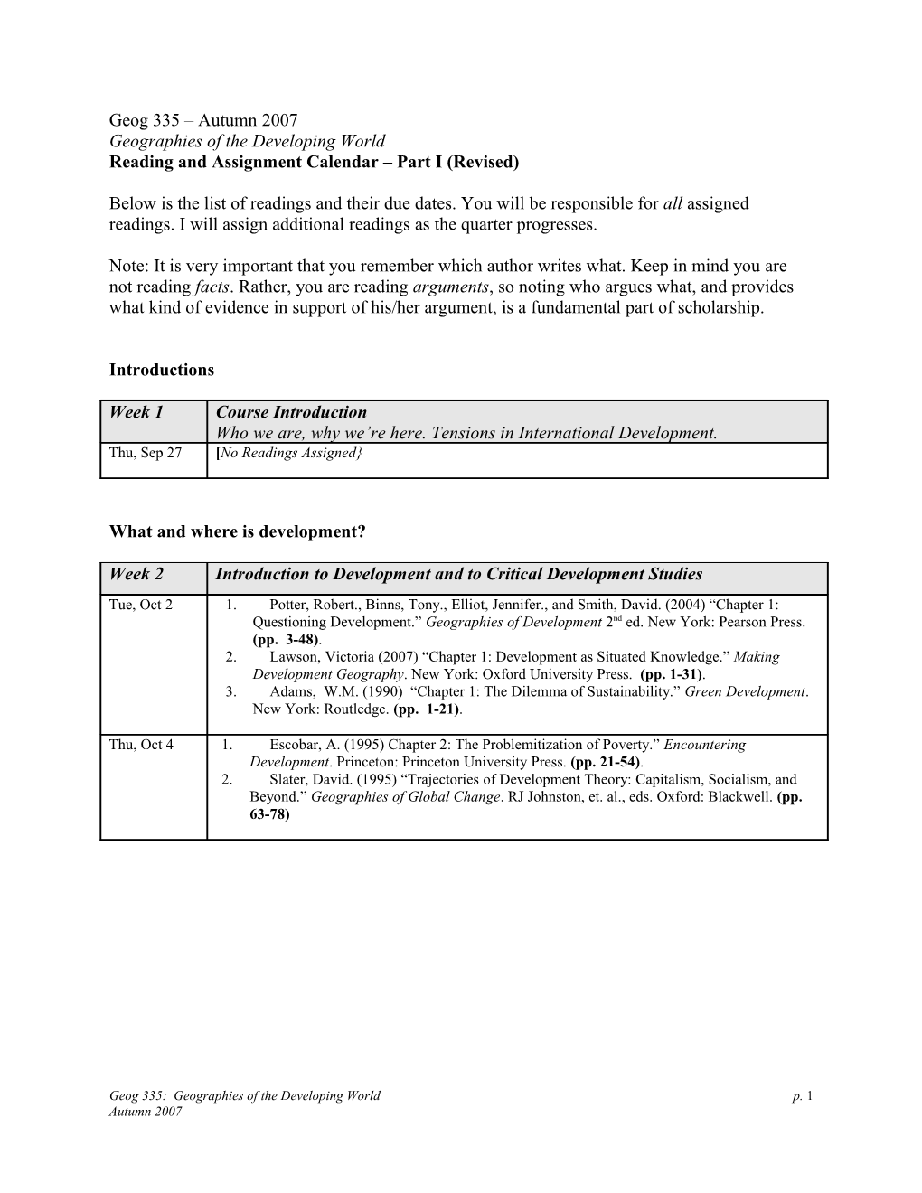 Reading and Assignment Calendar Part I (Revised)