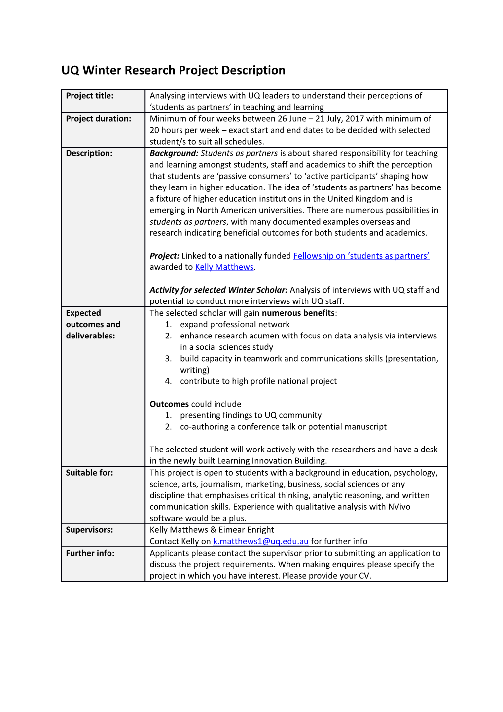 UQ Winter Research Project Description