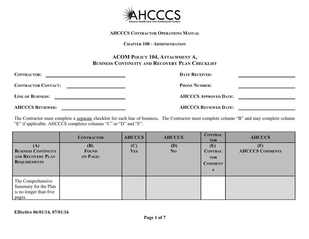 AHCCCS Contractor Operations Manual