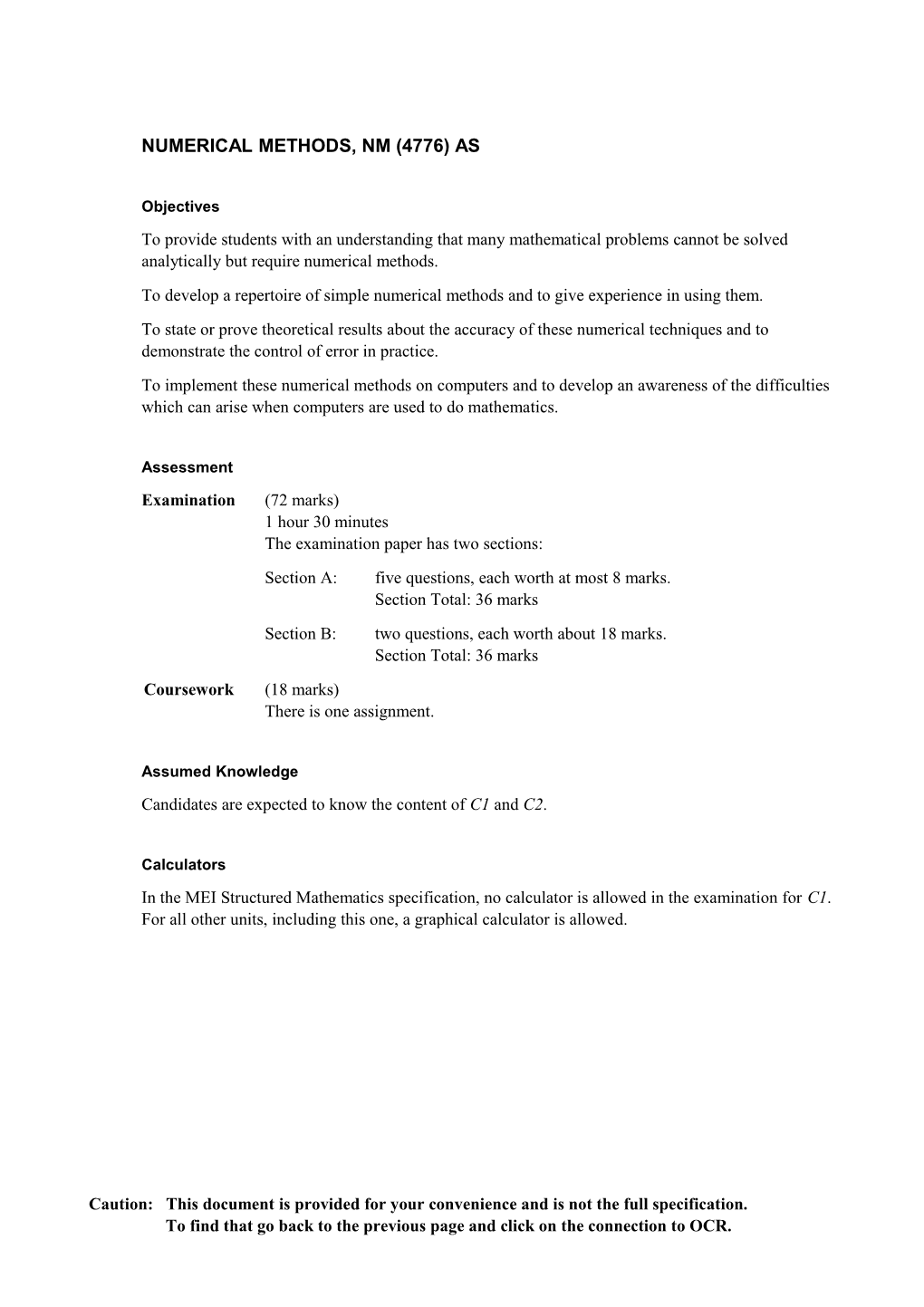 Numerical Methods, NM (4776) AS