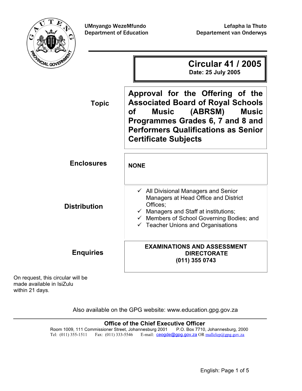 Circ.41.2005.Approval for the Offering of the Associated Board of Royal Schools of Music (ABRSM)