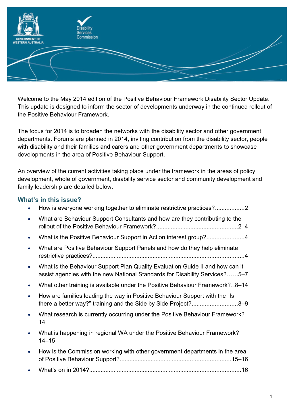 Positive Behaviour Framework Disability Sector Update, May 2014, Edition Number 5