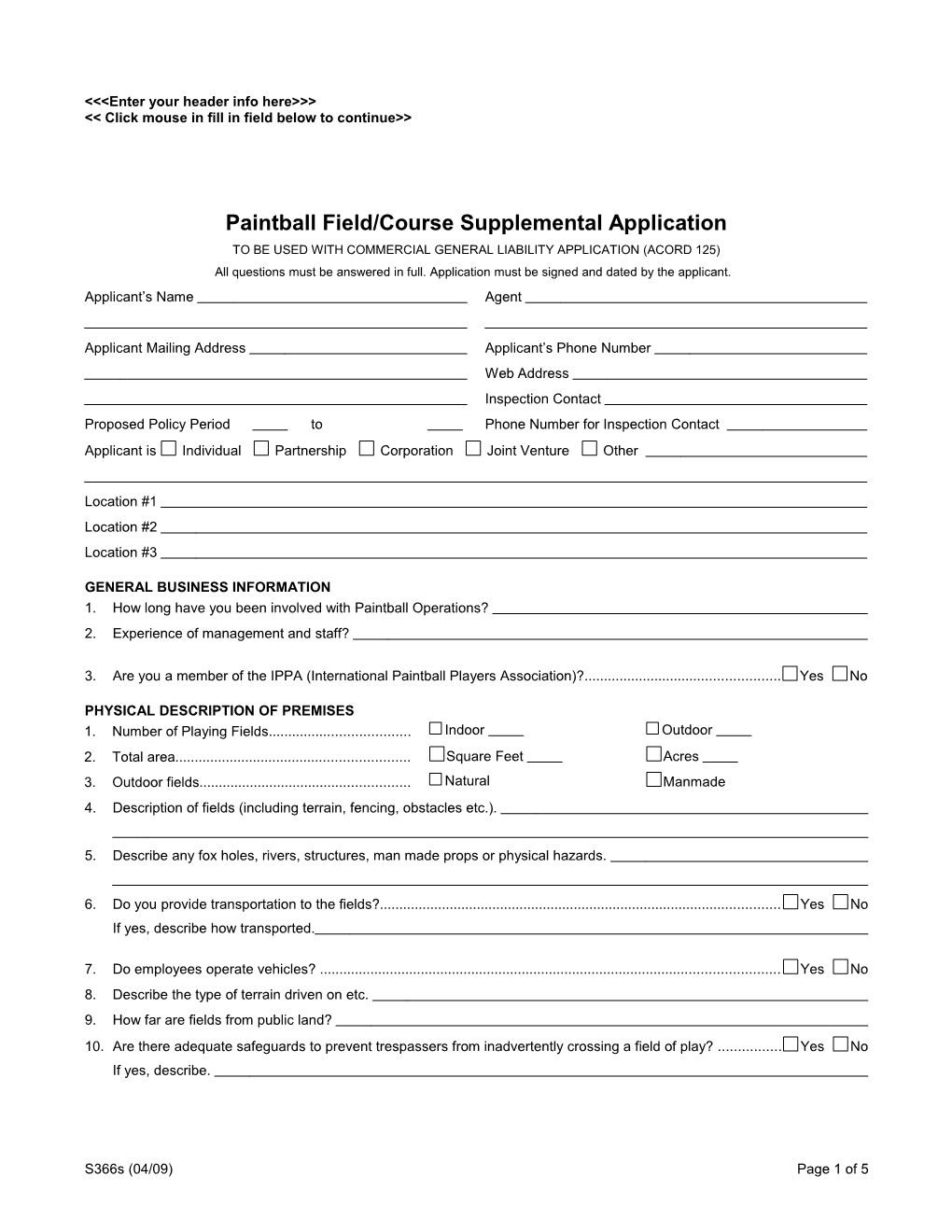 Paintball Field/Course Application